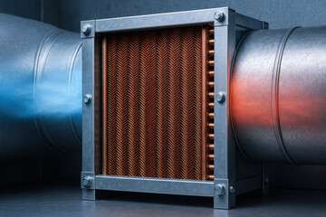 Heat exchanger unit in industry duct system transfers heat efficiently between hot and cold air flows ensuring optimal thermal management