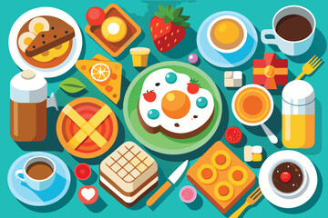 A vibrant flat lay of a delicious breakfast spread with pancakes eggs toast coffee and juice