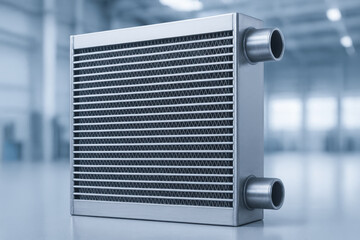 Fototapeta premium Heat exchanger unit made of metal with pipes designed for efficient heat transfer in industry applications ensuring reliable thermal management