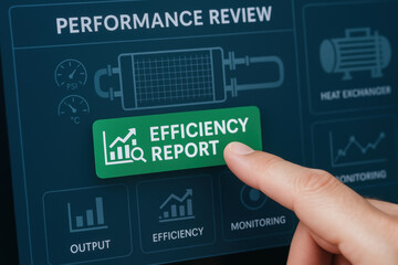 Performance review screen with efficiency report button being pressed for heat exchanger industry monitoring and output analysis to improve system