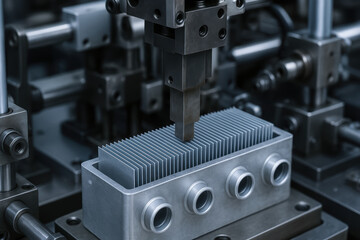 Heat exchanger component in industry manufacturing process with metal parts and machinery working precisely