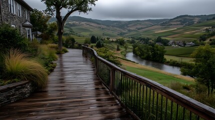 Wooden Boardwalk Winding Vineyards Leading Rolling Hills Detail Depth Field Natural Light
