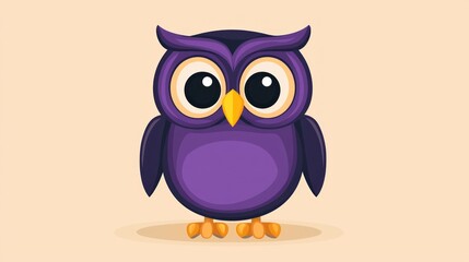 Fototapeta premium Cute purple owl cartoon character on beige background. Possible use Children's book illustration