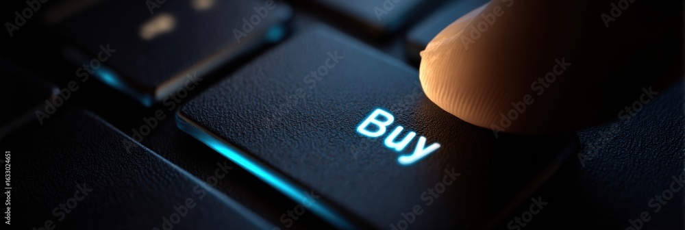 Poster close-up of a finger pressing the buy key on a computer keyboard during an online shopping session i