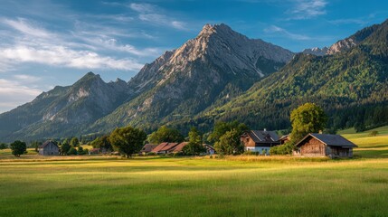 Picturesque alpine village nestled in a valley, bathed in golden sunlight. Lush green meadows stretch before towering, rugged mountains under a vibrant blue sky