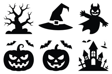 Vector art of halloween silhouettes isolated on white background featuring spooky symbols and icons