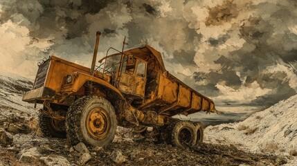 Rusty dump truck, dramatic sky