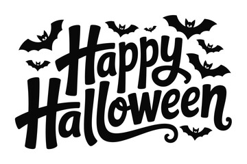 Vector art of happy halloween lettering with bats isolated on white background for holiday celebration