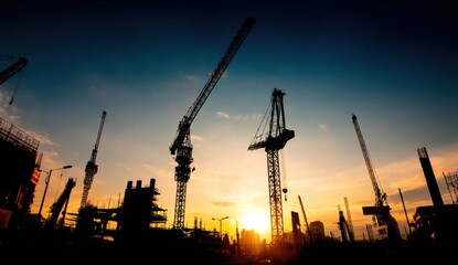 Obraz premium Silhouetted construction cranes stand tall against a vibrant sunset sky, evoking a sense of progress and urban development at twilight.