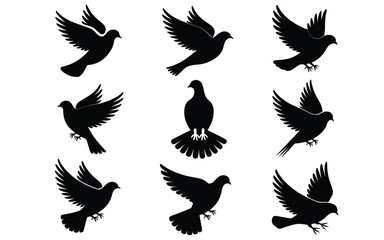 Vector art of set of nine black dove silhouettes isolated on white background for design use
