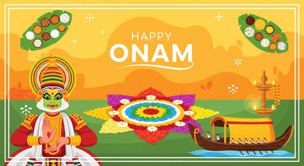 Naklejka premium Happy Onam Festival Poster banner Flyer Design Vector illustration
