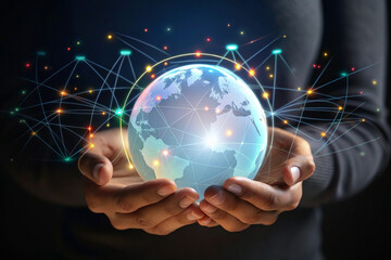 Hands hold bright blue globe with network lines. Represents global connection, communications, or tech. Suitable for backgrounds, technology products, digital art.