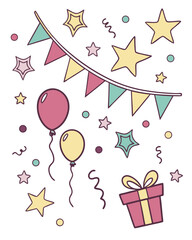 Cartoon birthday garland with stars and small hanging ornaments 