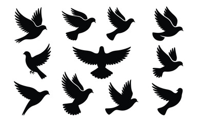 Vector art of set of black dove silhouettes in different poses isolated on white background