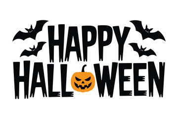Fototapeta premium Vector art of happy halloween text with pumpkin and bats, holiday celebration, isolated on white background
