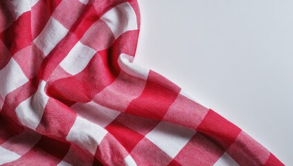 Red gingham tablecloth folds on white background, copy space, food blog