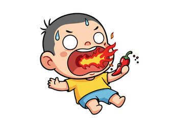 Funny cartoon boy breathing fire from his mouth after eating a spicy red chili pepper. An exaggerated illustration of a child's reaction to hot food.
