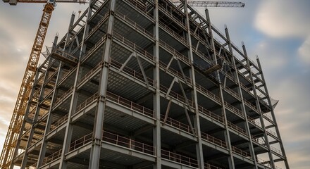 Fototapeta premium Monumental Steel Frame of a High-Rise Building Rising Against a Muted Sky with a Crane