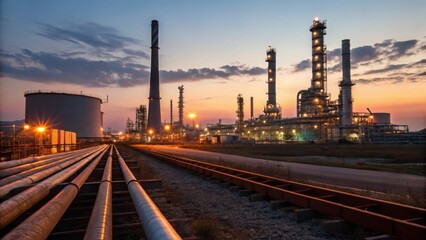 Fototapeta premium Oil refinery industrial complex at sunset isolated on white background