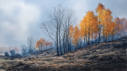 Autumnal hillside landscape, muted colors, hazy light