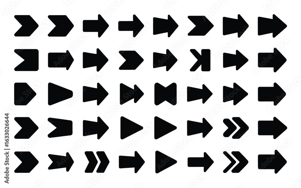 Poster vector art of collection of various arrow shapes pointing to the right isolated on white background