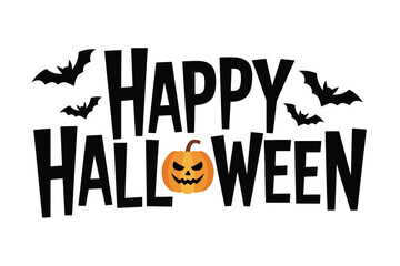 Obraz premium Vector art of happy halloween text with pumpkin and bats, holiday celebration isolated on white background