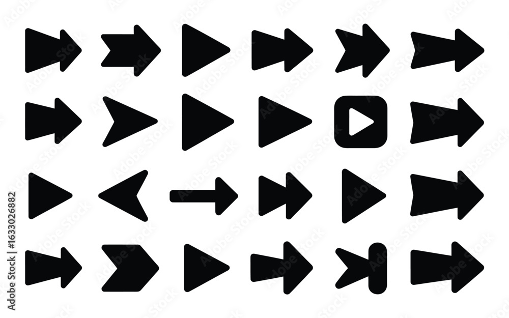 Poster vector art of collection of black arrow icons pointing to the right isolated on white background