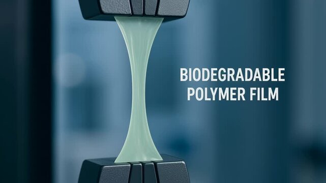 Biodegradable polymer film stretched between clamps demonstrates bioengineering innovation sustainable material testing for environmental impact