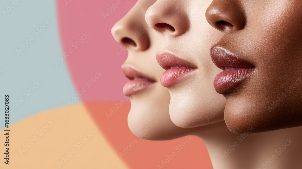 Poster close-up of multi-ethnic cheeks and jawlines against a pastel background with a layout perfect for t