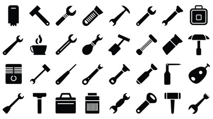 Vector art of set of tool icons, wrench, hammer, screwdriver, repair equipment, isolated on white background