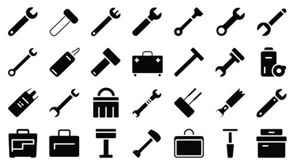Vector art of set of silhouette vector images of different tools isolated on white background