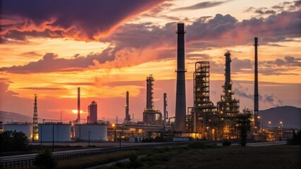 Fototapeta premium Industrial refinery complex under dramatic sunset sky isolated on transparent background