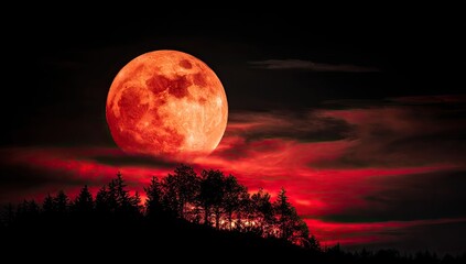 Blood moon over dark forest