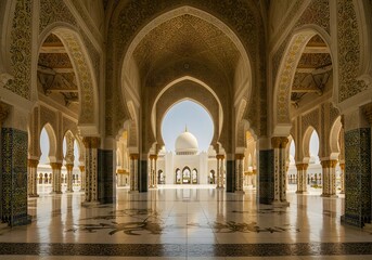A grand mosque interior, showcasing intricate arches and a central dome.