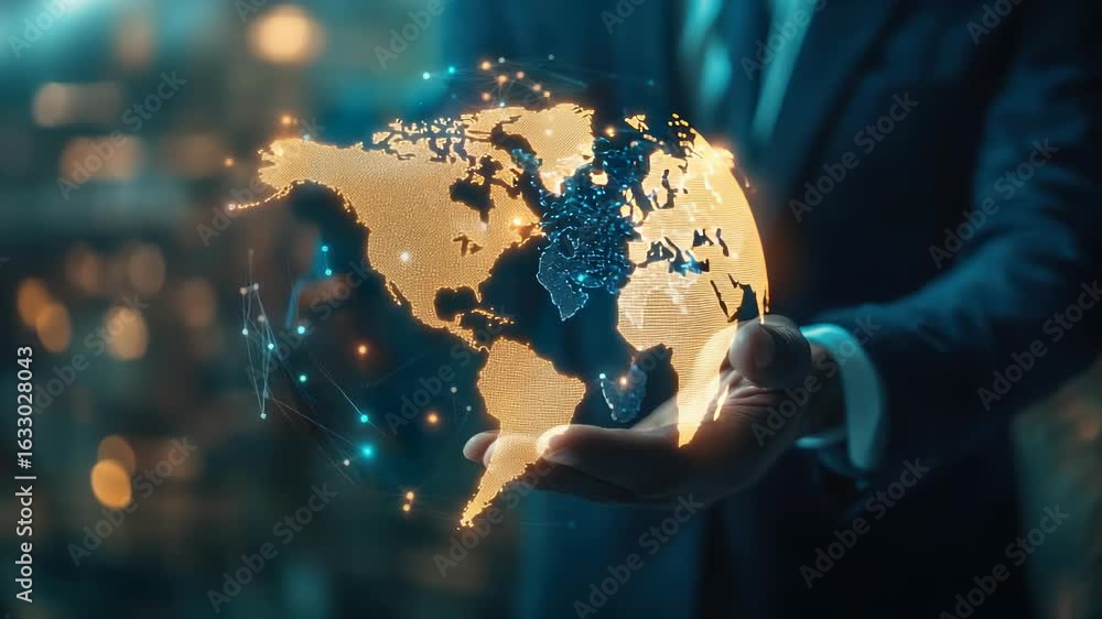 Poster digital technology, businessman holding global network connection. big data analytics and business i