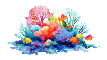 Vibrant coral reef scene with colorful fish. Watercolor illustration of diverse coral formations, including branching and massive corals, against a backdrop of blue and purple water. 