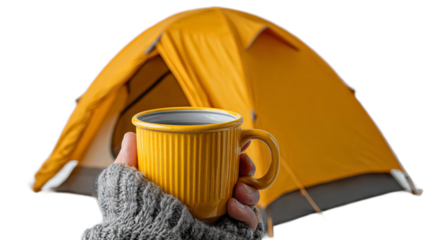 amping with hand holding cup in yellow tent open on white background