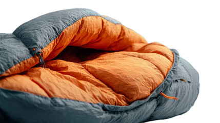 Close up of sleeping bag on white background with copy space. National camping month, equipment and celebration concept.