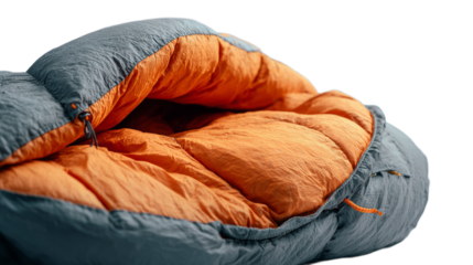 Close up of sleeping bag on white background with copy space. National camping month, equipment and celebration concept.