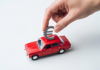 Fototapeta premium A close-up of a hand placing a silver Euro symbol on top of a red toy car, against a clean white background. Ideal for themes of car finance, loans, and European automotive industry.
