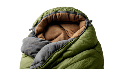 Close up of sleeping bag on white background with copy space. National camping month, equipment and celebration concept.