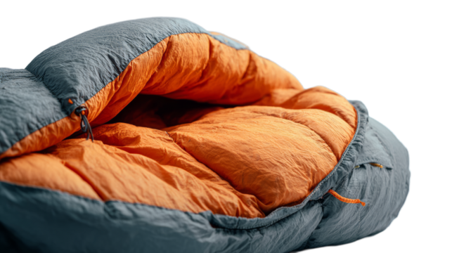 Close up of sleeping bag on white background with copy space. National camping month, equipment and celebration concept.