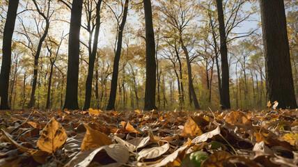 Edge of forest with leaves blown by wind