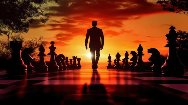 chess battle, victory, success, leader, teamwork, business strategy . business man wear business suit move prepare move king chess pieces, plan strategy lead successful business competition leader.