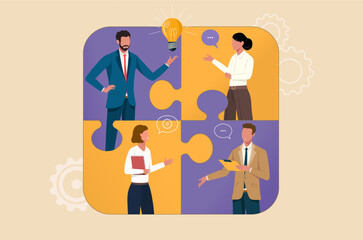 Group of people in business suits in puzzle pieces. Business meeting, discussion and debate of ideas.
