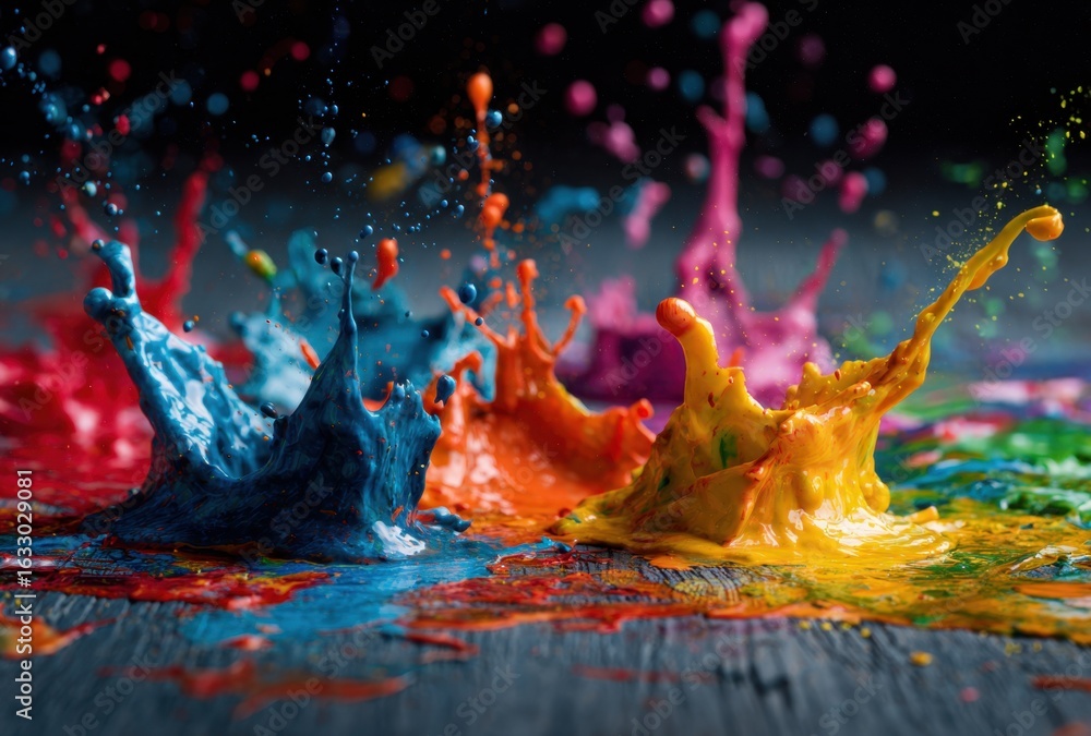 Poster vibrant splashes of colorful liquid erupt upwards, creating dynamic shapes and textures against a da