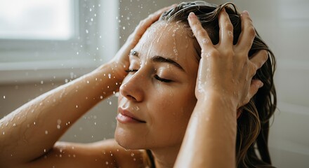 Naklejka premium A serene woman with closed eyes washing her long brown hair under splashing water in the shower.