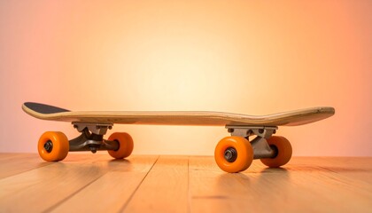A classic skateboard rests on a light wood floor against a warm orange backdrop.