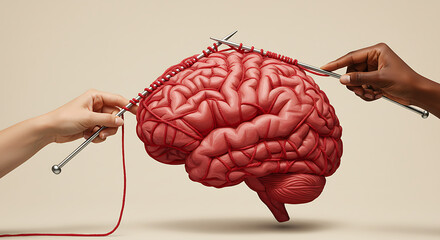 Conceptual illustration of neuroplasticity and brain health, where creative hands knit new neural pathways as a therapeutic hobby.