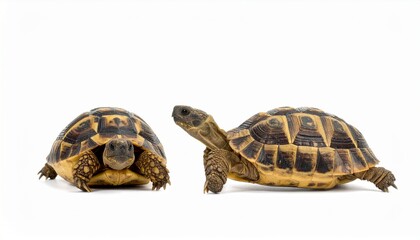 Fototapeta premium Two small tortoises, one withdrawn in its shell, the other alert and facing forward, against a plain white background.